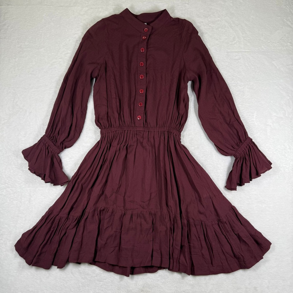 Rachel Pally Burgundy Ruffle Bell Sleeve Mini Dress XS Maroon Button Front Boho